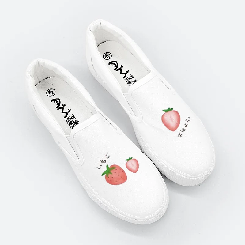 Creepers обувь на плоской подошве, на платформе, танкетка, Для женщин кроссовки Белые парусиновые туфли Клубника ручной росписью для девочек Повседневная обувь Эспадрильи