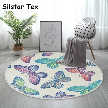

Silstar Tex Blue Butterfly Round Cotton Rug Mat 3d Print Woven Living Room Area Romantic Style Bedside Aadult Carpet Home