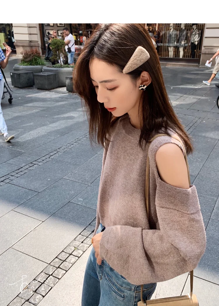 Autumn Elegant Ladies Women Fashion Loose Sexy Hollow Out Off Shoulder Pullovers Sweater+Mini mermaid Skirt Suits