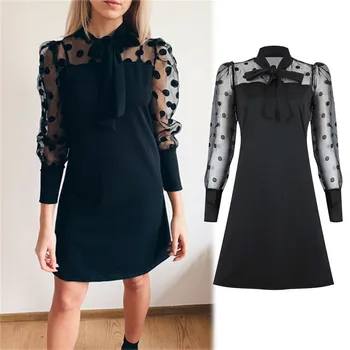 

Fashion Casual Women Polka Dot Dresses Long Puff Sleeve Mesh perspective Party Holiday mini dress Fall Spring Bow Collar Clothes