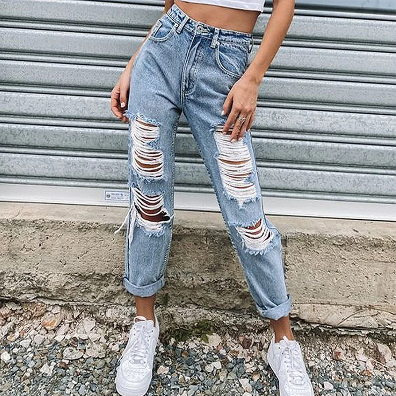Ripped Jeans Women's Fashion Slim Fit Solid Color Casual Autumn Button High Waist Denim Straight-Leg Trousers | Женская одежда