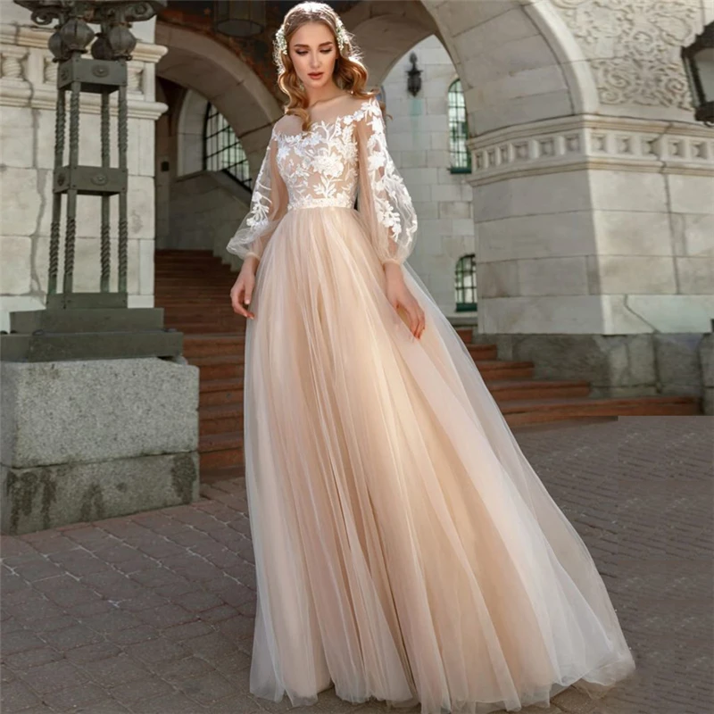 

Muslim Wedding Dresses A-line Long Sleeves Tulle Lace Champagne Boho Dubai Arabic Wedding Gown Bridal Dress Vestido De Noiva