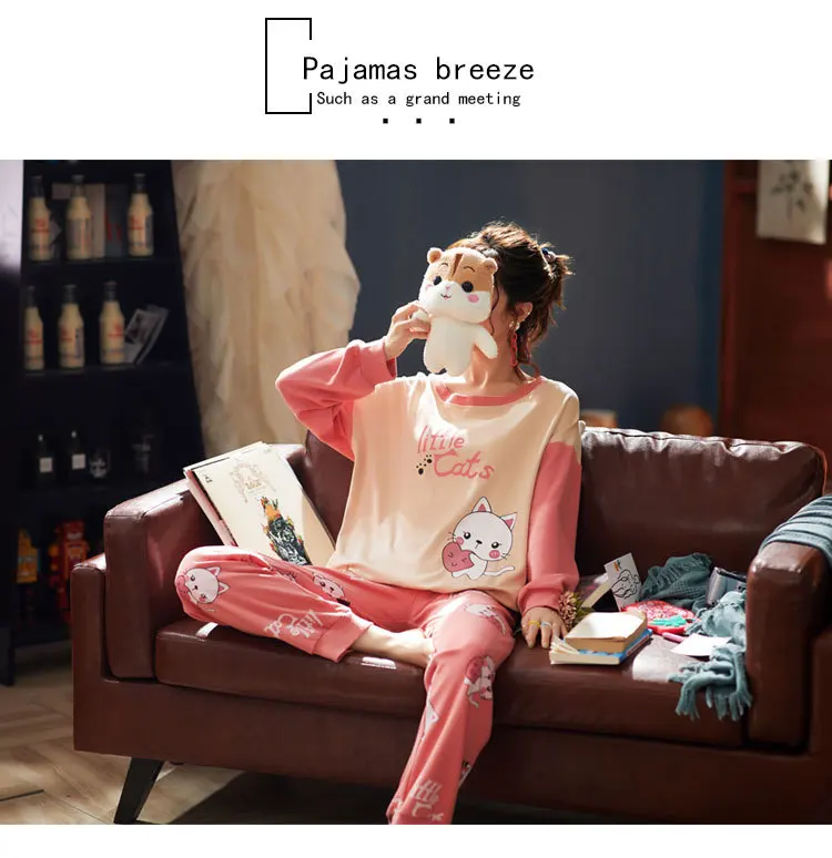 Новые женские пижамные комплекты Осенняя Милая одежда для сна с длинными рукавами и принтом из мультфильмов для девочек пижамы Mujer ночная рубашка для отдыха Одежда для взрослых