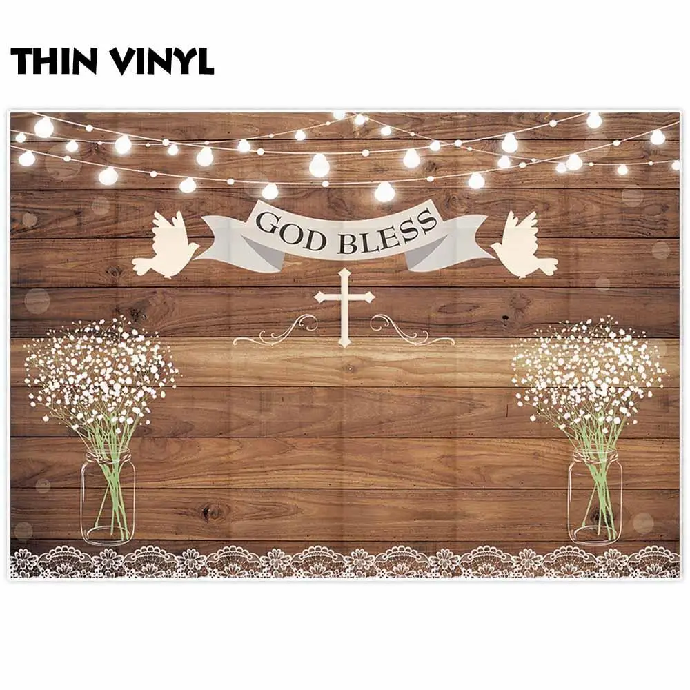 Allenjoy Wooden Floors Backdrops Lace Flowers White Pigeon Light Bulb God Bless Baptism Party Curtains Holy Communion Wallpapers