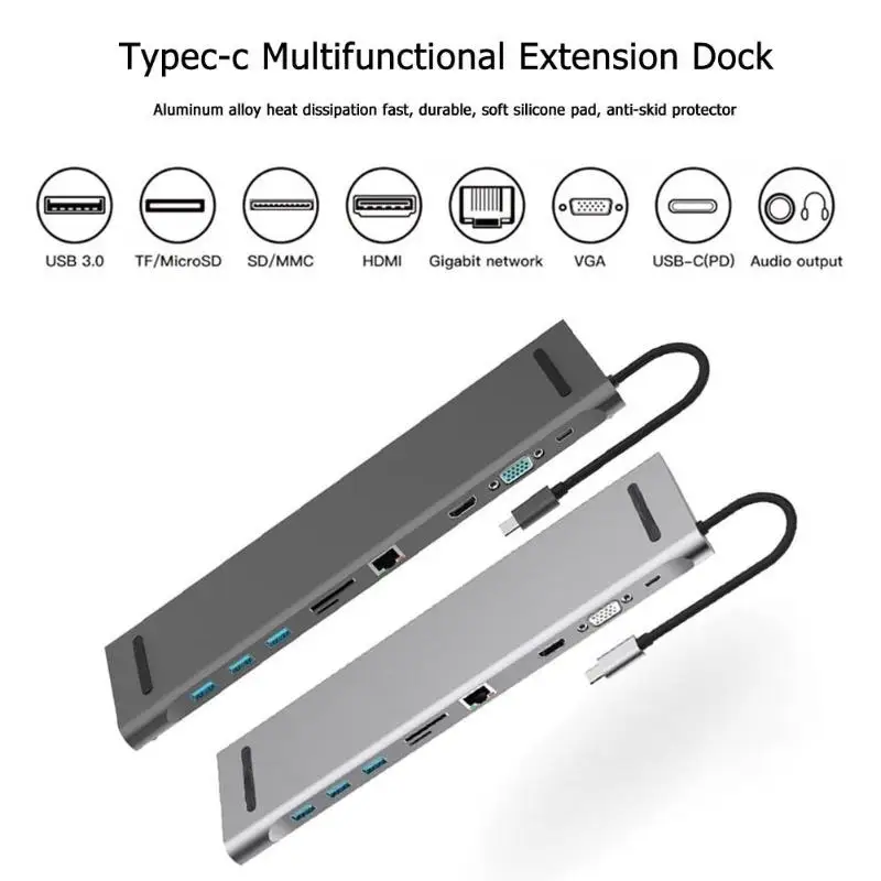 10 in 1 Multi USB HUB Type C to HDMI VGA RJ45 USB 3.0 3.5mm Audio PD Fast Charging Adapter Dock Aluminum Alloy for MacBook