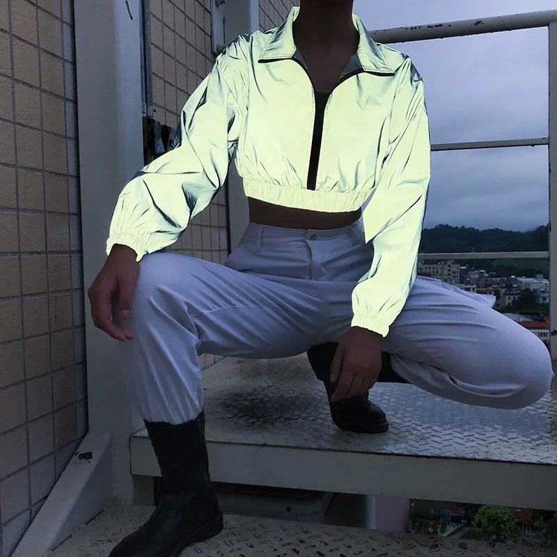 

2019 Reflective Hoodie Zipper Turtleneck Harajuku Reflective Jackets Loose Long Sleeve Sweatshirt Hip Hop Plus Size Streetwear