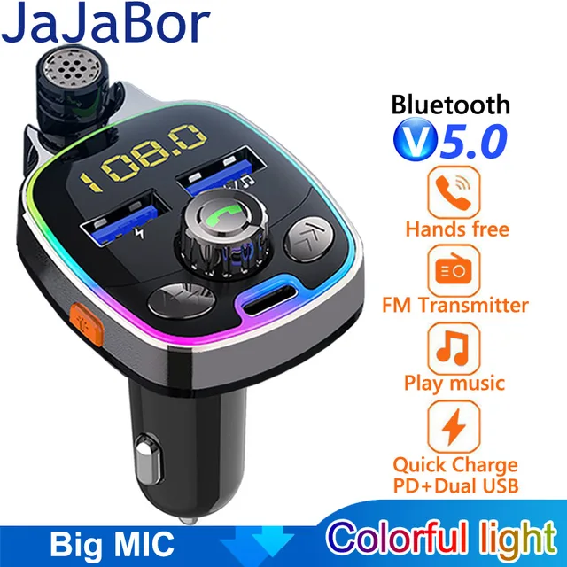 JaJaBor – transmetteur de FM avec Microphone externe, double USB, PD, Type C, Charge rapide, Bluetooth 5.0, mains libres, modulateur de FM pour voiture 