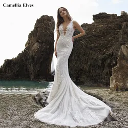 Sexy Deep V-neck Mermaid Bride Dresses Sleeveless Beach Lace Appliques Wedding Dress Backless Bridal Gown Vestidos De Novia