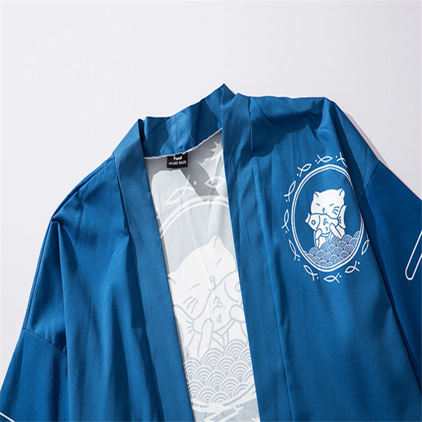 Кимоно для мужчин и женщин в японском стиле с мультяшным принтом голубое пальто юката Летняя мода Harajuku Восточный кардиган Haori уличная одежда