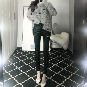 

Punk Style Fashion Zippers Side Corss Tied Womens PU Leather Pants High Waist Slim Fit Qualities Female Full Length Pencil Pants