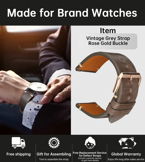 MAIKES Handmade Watchband Butterfly Buckle Vegetable Tanned Cow Leather Made In Italy Quick Release Bracelet Band Watch Strap Grey RG Buckle