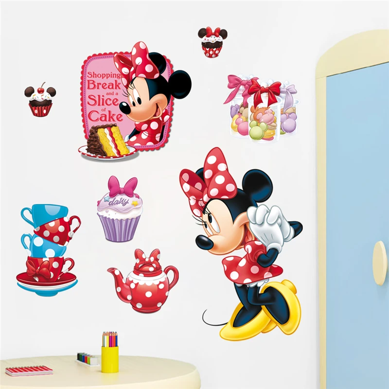 Disney Cartoon Minnie Mouse A Slice Of Cake Wall Decals Kids Rooms Wall Stickers Pvc Mural Art DIY Posters Home Decal
