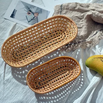 

Rattan Bread Storage Tray Dinner Coffee Breakfast Serving Tray Oval Hand-Woven Tea Tray Home Decoration Crafts WF91611
