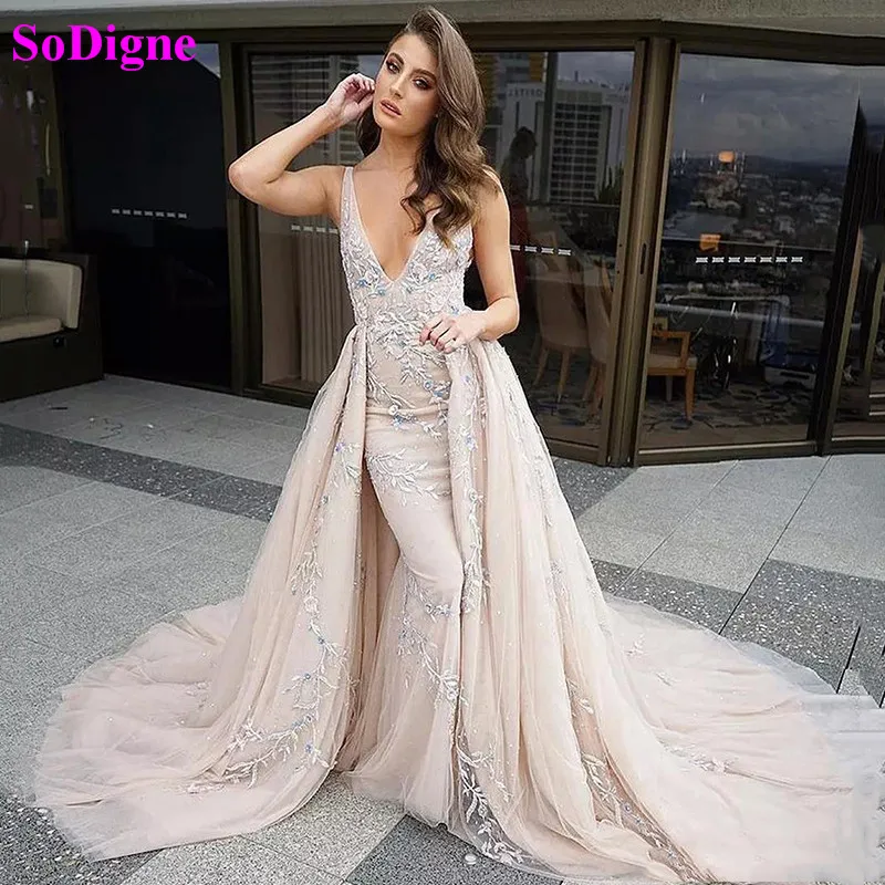 

SoDigne Beaded Evening Dresses With detachable Tail Sexy Backless V Neck Lace Appliques Prom Gowns Formal Dress For Women