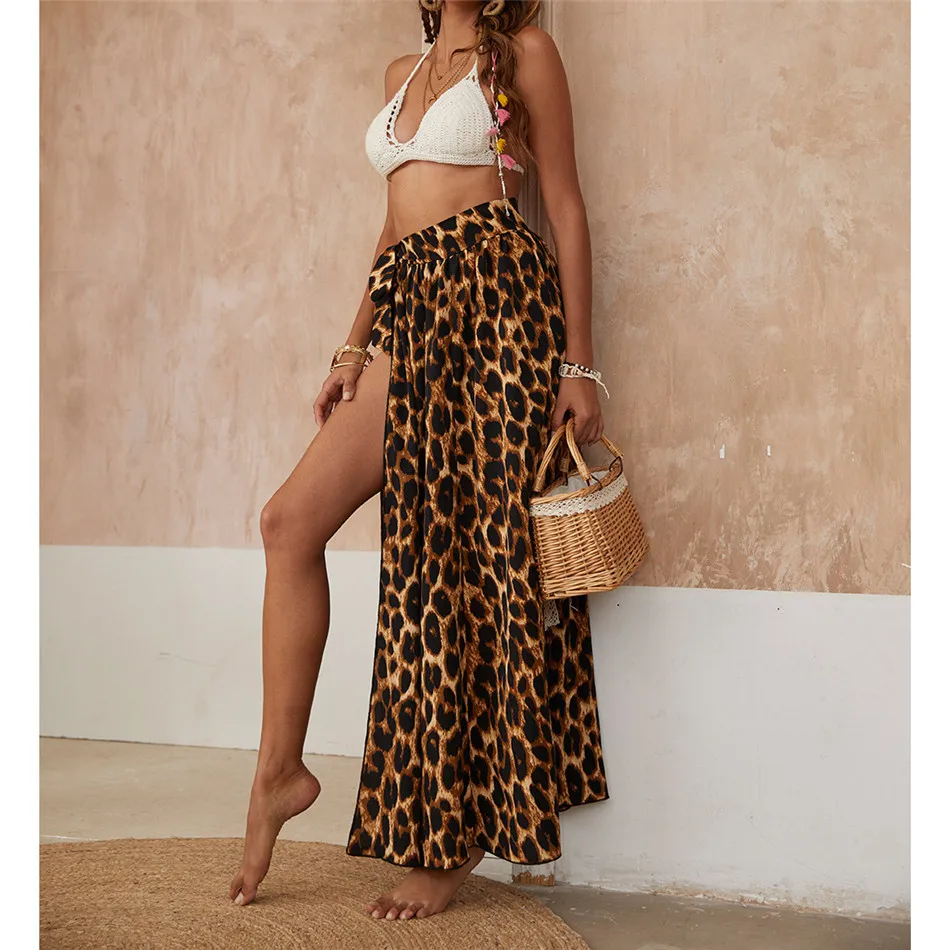 CHYAOWU Summer Bohemian Sexy Leopard-Printed Beach Outing Leisure Vacation Split Long Skirts Women Beach Wimsuit Beach Cover Up