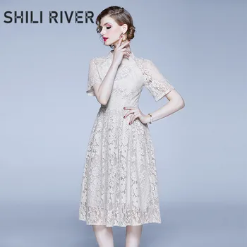 

2020 summer designer runway dress for women short sleeve slim casual lace elegant retro O neck pleated full dresses blue gray