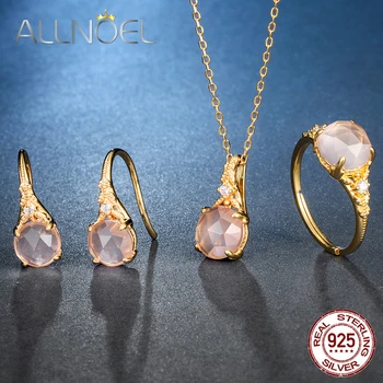 

ALLNOEL 925 Sterling Silver Natural Rose Quartz Collocation Zircon Design Ring Earrings Necklace Jewelry Set For Women 2019 New