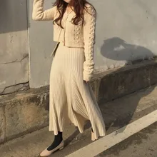 Autumn Female Knitting Umbrella Skirt Solid Color High Waist Stretched Women Pleated Maxi Skirts Plus Size Female Clothes