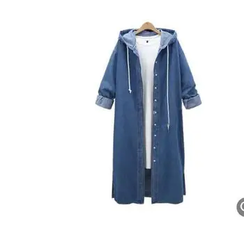 

2020 Hooded long-sleeved denim jacket long top coat women top