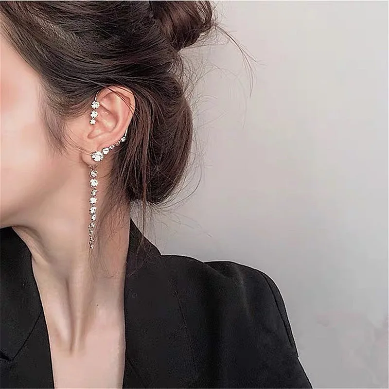 Rhinestone Earrings Ear-Cuff Ear-Hanging Shiny-Drill FLASHBUY Minimalist Korean Women