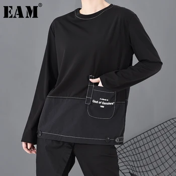 

[EAM] Women Black Letter Printed Pocket Split T-shirt New Round Neck Long Sleeve Fashion Tide Spring Autumn 2020 1T488
