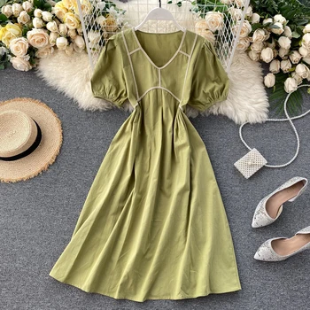 

Women Casual Dress Female Preppy V-neck Lace-up Waist Slim Knee-length Short Puffed Sleeves Dress Ladies Retro Knee-length Dress