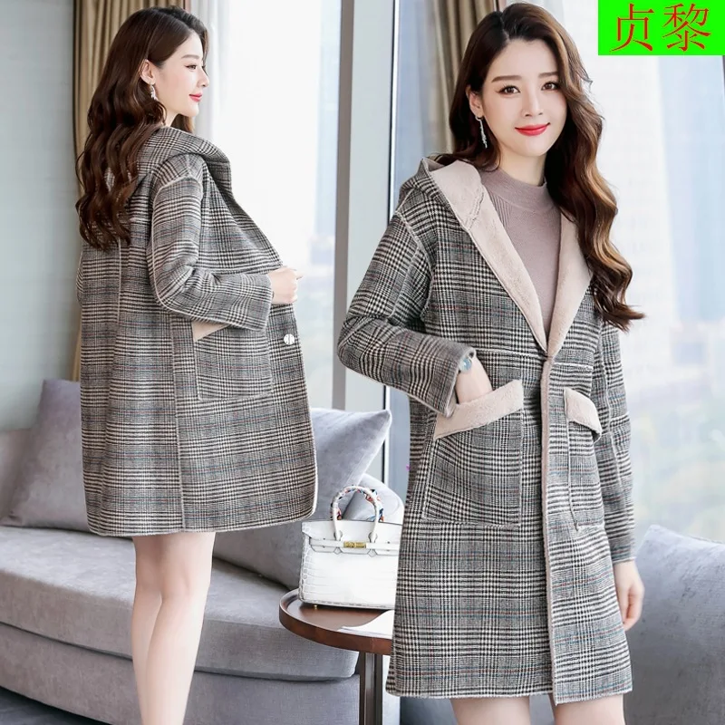 

Plaid Cotton-padded Clothes Women's Mid-length 2018 Winter New Style Korean-style Fashion Thick plus Velvet Hooded Lambs Wool Co