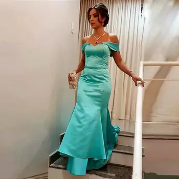 

Mermaid Long Evening Dresses Off The Shoulder Ruffles Satin Mint Green Long New Prom Dresses Evening Party Gowns robe de soiree