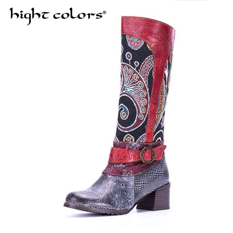 

US 6~10 Retro Bohemian Women Boots Genuine Leather Knight Cowgirl Boots Chunky Mid heel Round Toe Zip Buckle Ladies Ankle Boots