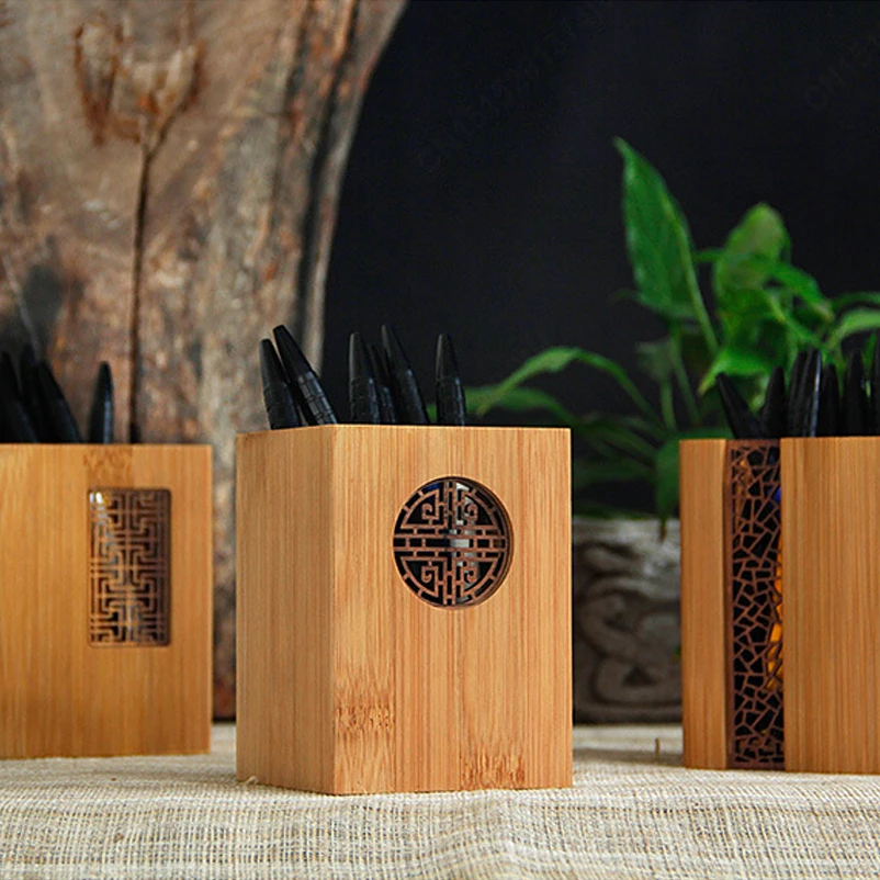 

Hollow Carving Pen Holder Home Office Storage 11x8cm Bamboo Desk Storage Box Pencil Stand Organizer for Office Home School