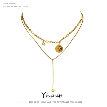 

Yhpup Statement Eye star Layered Long Pendant Necklace Stainless Steel Temperament Women Chain Choker ожерелье бижутерия Gift