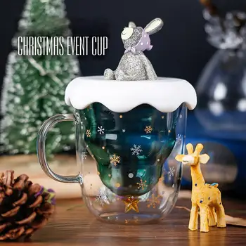 

300ML Mugs Double-layer Glass Mugs Coffee Cups Christmas Tree Starry Sky Mouth Prevent Scald Milk Cup Cartoon Christmas Gift