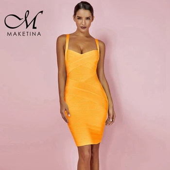 

Maketina Bandage Dresses 2019 Party Summer Spaghetti Strap Orange V Neck Bandage Dress Strapy Sexy Mini Bodycon Club Dress
