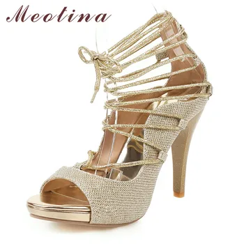 

Meotina Women Gladiator Shoes Narrow Band Super High Heel Sandals Peep Toe Spike Heel Shoes Summer Party Sandals Red Golden New