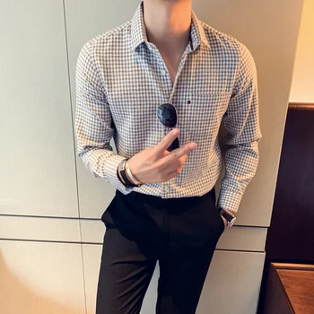 

2019 Autumn And Winter New Men's Growth Sleeve Plaid British Fashion Casual Tooling Loose Shirt Gray Green / Blue S-2XL