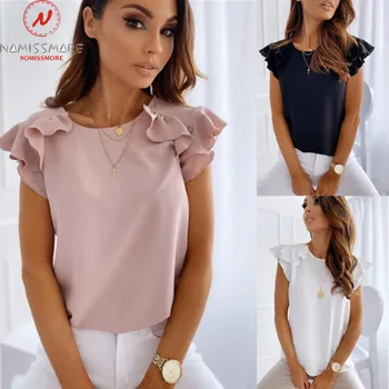 

Elegant Women Summer Solid Color Pullovers T-Shirts Patchwork Design Ruffles Decor O-Neck Ruffles Short Sleeve Slim Top