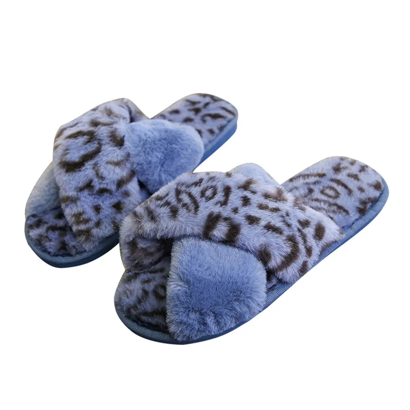 leopard blue Модные зимние женские домашние тапочки с искусственным мехом; модная домашняя теплая обувь; женские слипоны на плоской подошве; женские шлепанцы; Цвет Черный; размер 41 - Цвет: leopard blue