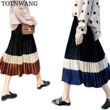 TOTNWANG Winter Vintage Velour Midi Skirt Women Casual Elastic High Waist Pleated Skirts Solid Patchwork Color Block Skirt Femme