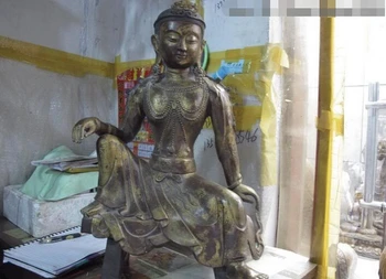 

fast shipping USPS to USA S2955 23 Chinese Temple Old Copper Bronze Sit stool Bodhisattva Kwan-Yin Buddha Statue