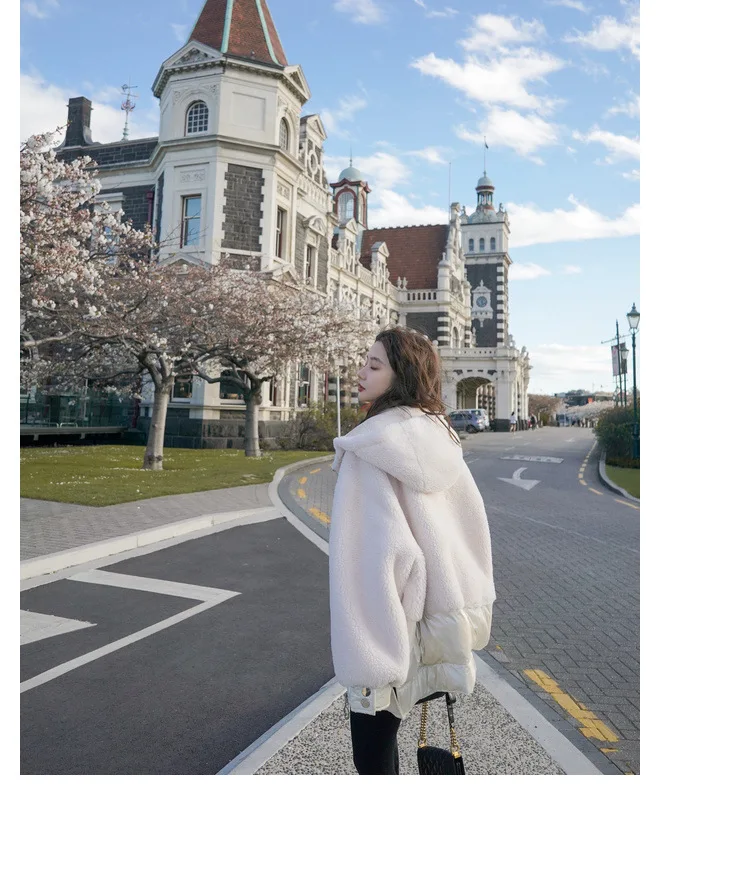 Фото фотосессия основной толчок шикарный ягненка шерсть Off-white свободный крой с капюшоном на шнуровке молнии сустава макет Двухсекционный Хлопок пальто женщин