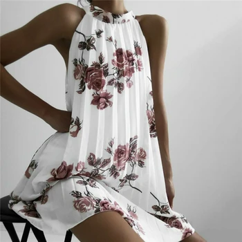 

Fashion Women Boho Beach Summer Sleeveless Halter Floral Dress Elegant Off Shoulder Loose Sundress Ladies Dames Streetwear