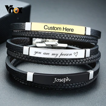 

Vnox Personalize Braided Genuine Leather Bracelets for Men Customize Name Words Stainless Steel Casual Male Bangle