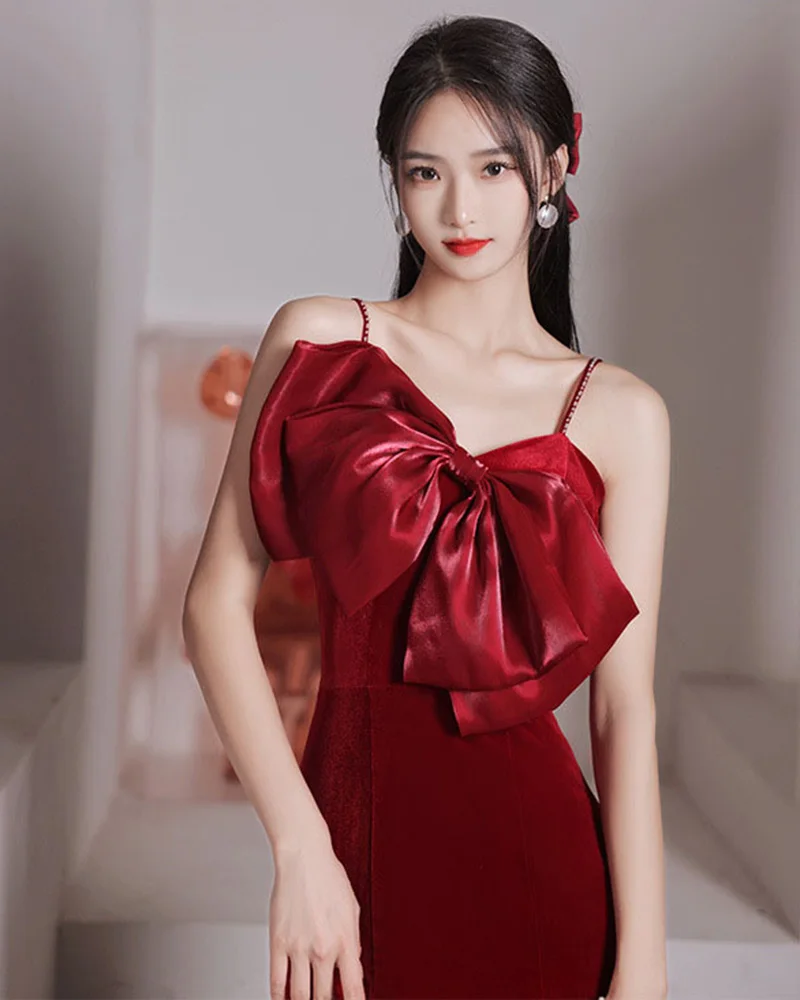 

Sexy Bow V-Neck Formal Prom Dress Charming Spaghetti Strap Backless Sleeveless Floor-Length High Split Solid Color Party Gowns