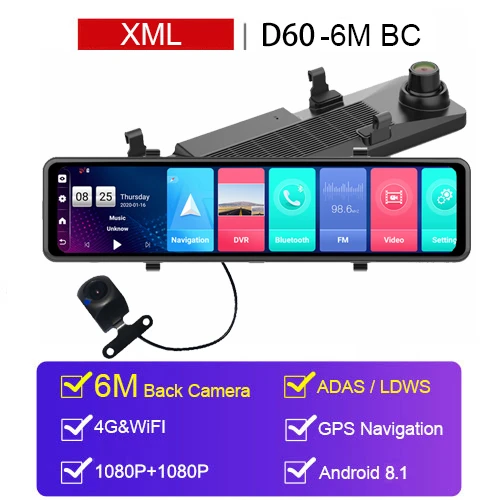 Новейший 4G Android 8,1 видеорегистратор 1080P двойной Лен wifi Dashcam 12 дюймов gps ADAS зеркало заднего вида Автомобильный видеорегистратор Камера для вождения - Название цвета: D60 6M BC