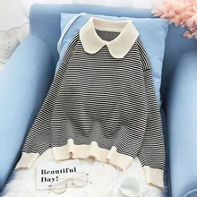 ^^Best Offers white and black striped knitted women sweater and pullovers turn-down collar loose lady elegant pulls outwear coat tops ^^Best Offers white and black striped knitted women sweater and pullovers turn-down collar loose lady elegant pulls outwear coat tops