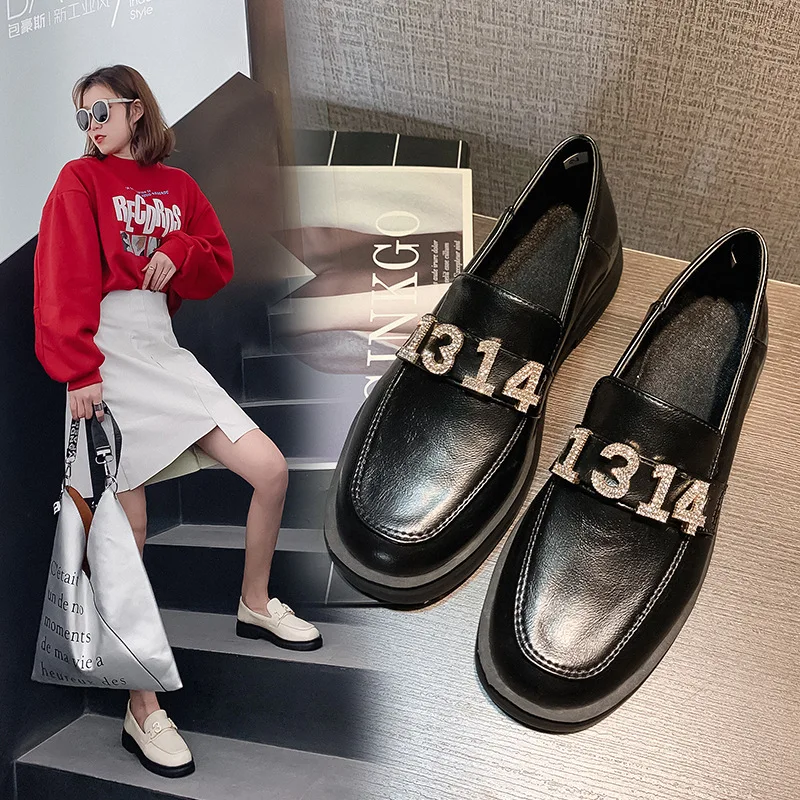 

Large Size Shoes Women's Platform Heel Slip-on Loafers Women's 1314 Man-made Diamond round-Toe Semi-high Heeled Shoes T4151