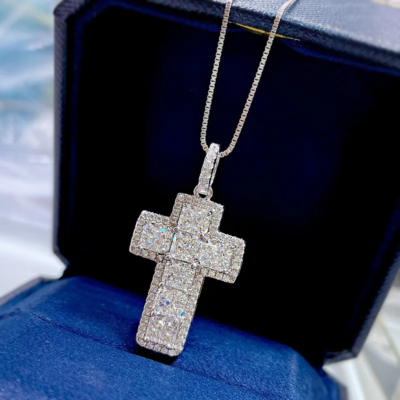 

Fine Moissanite Diamond Cross Pendant Real 925 Sterling Silver Party Wedding Pendants Necklace For Women men Gemstone Jewelry