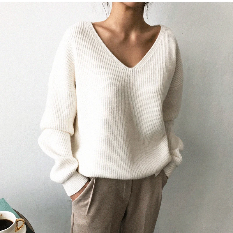 

2019 Winter NewWomen's Sweaters V-Neck Minimalist Tops Fashionable Korean Style Knitting Casual Solid