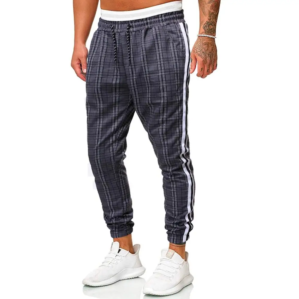 Men's Pants Long Casual Sport Pants Slim Fit Plaid Trousers Running Joggers Sweatpants Outdoor Male Straight Ankle-Length Pant