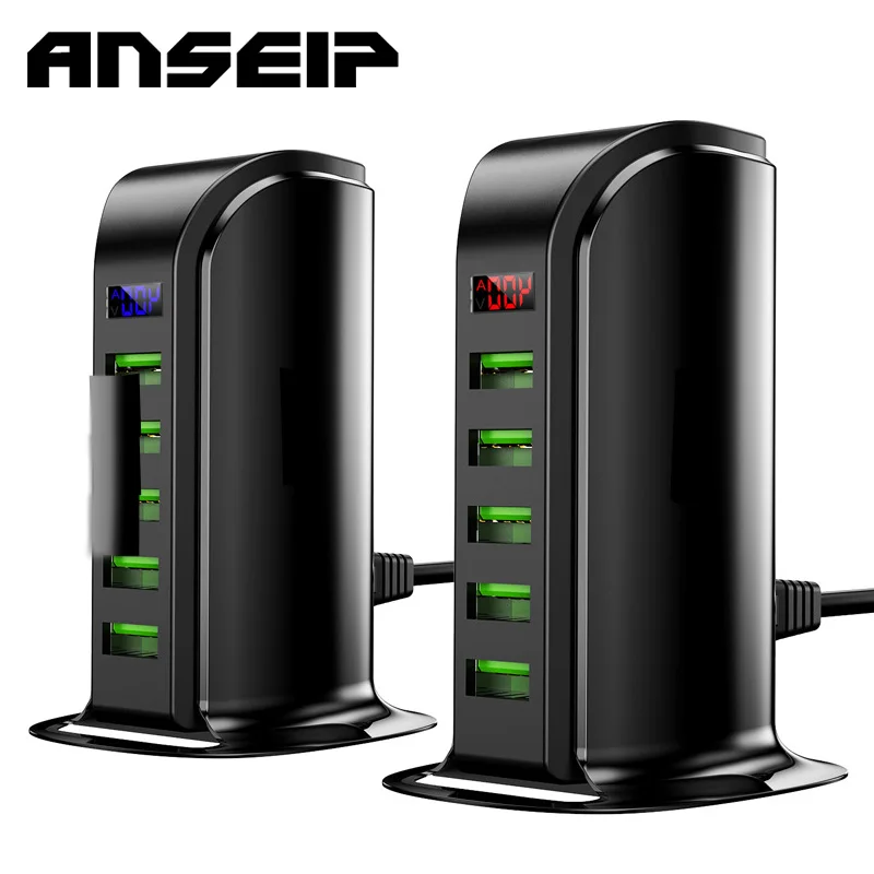 ANSEIP-cargador USB Vertical de 5 puertos, adaptador de enchufe de carga rápida 4A con pantalla LED, para iPhone, MacBook, Xiaomi y Huawei
